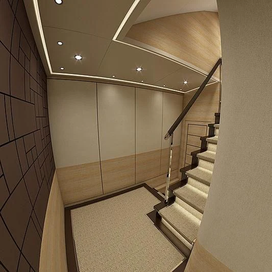 a hallway with a set of stairs aboard III AMIGOS Yacht for Sale