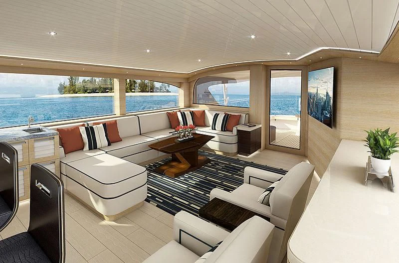a living room with a large swimming pool aboard III AMIGOS Yacht for Sale