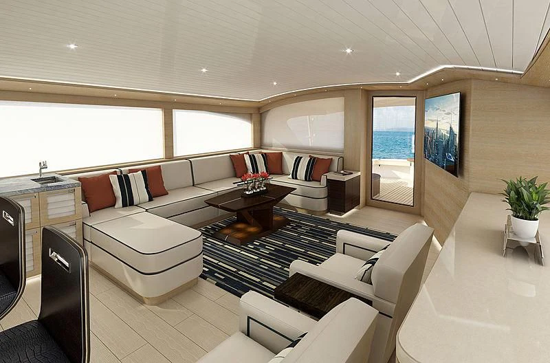 a living room with a black rug aboard III AMIGOS Yacht for Sale