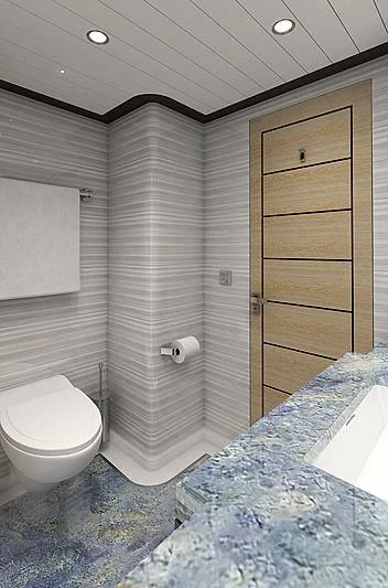 a bathroom with a shower unit aboard III AMIGOS Yacht for Sale