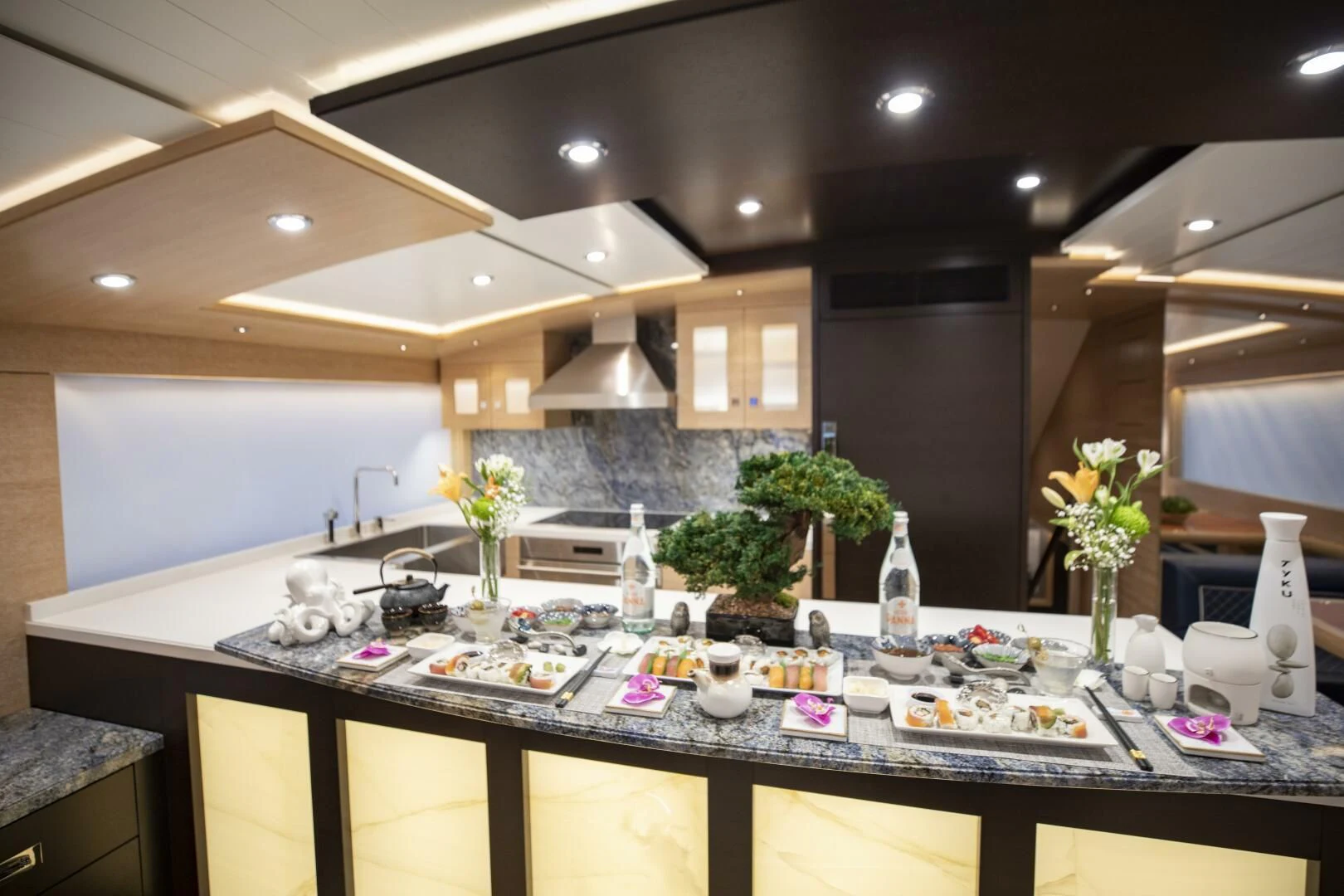 a kitchen with a countertop aboard III AMIGOS Yacht for Sale