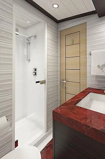 a bathroom with a shower and a sink aboard III AMIGOS Yacht for Sale