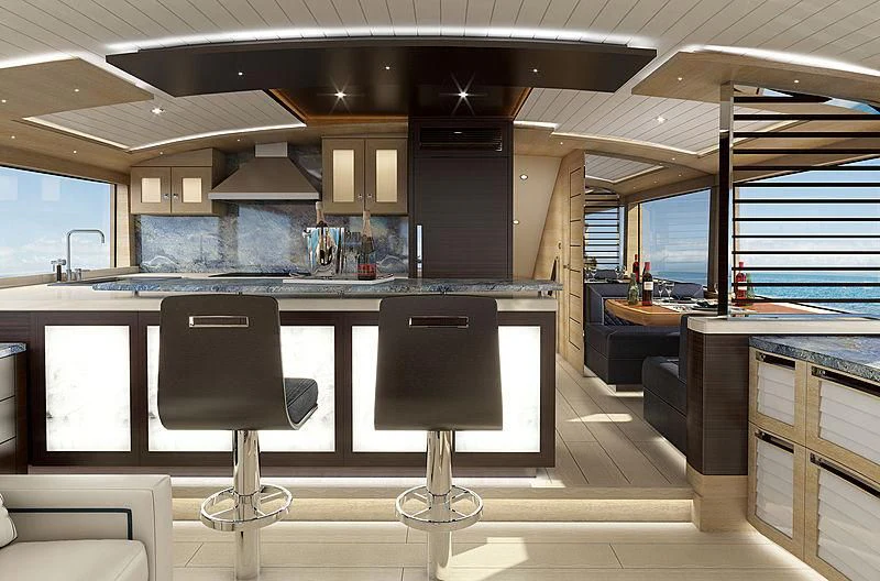 a kitchen with a large island aboard III AMIGOS Yacht for Sale