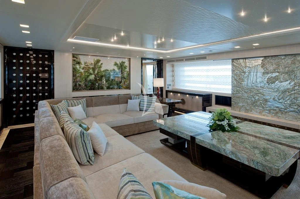 a living room with a large glass window aboard SCORPION Yacht for Charter