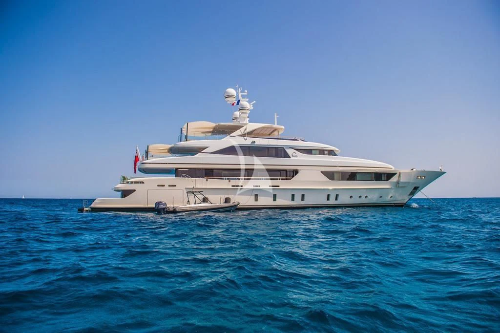 a large white boat in the water aboard SCORPION Yacht for Charter