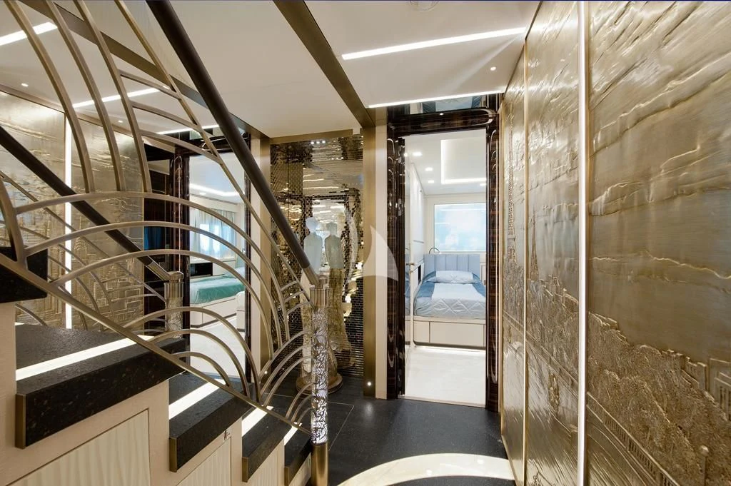 a room with a glass wall aboard SCORPION Yacht for Charter