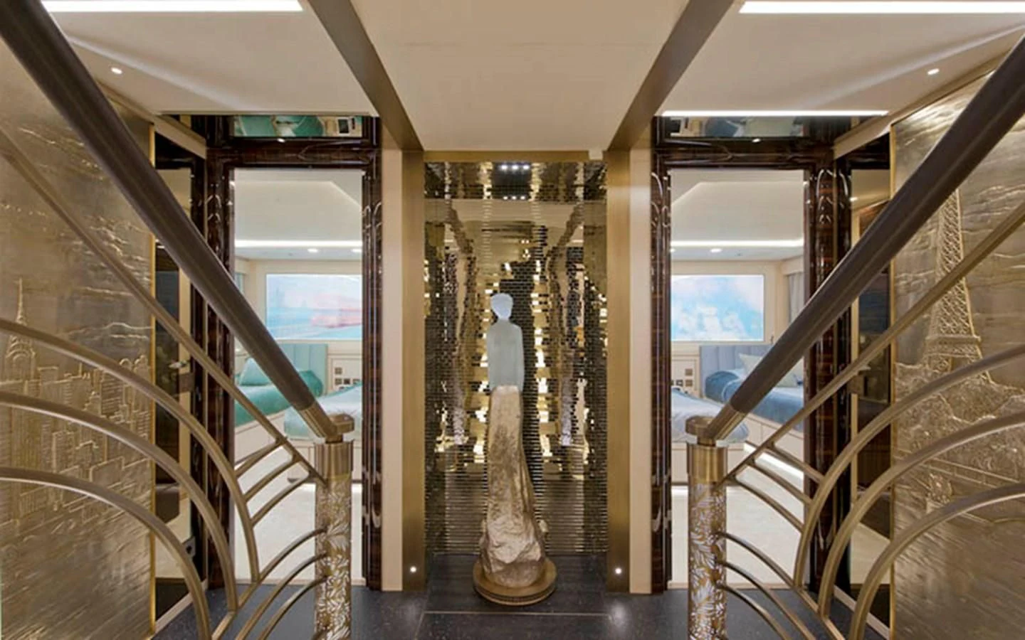 a hallway with glass doors aboard SCORPION Yacht for Charter