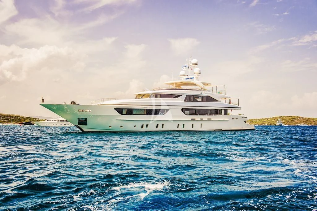 a white yacht in the water aboard SCORPION Yacht for Charter