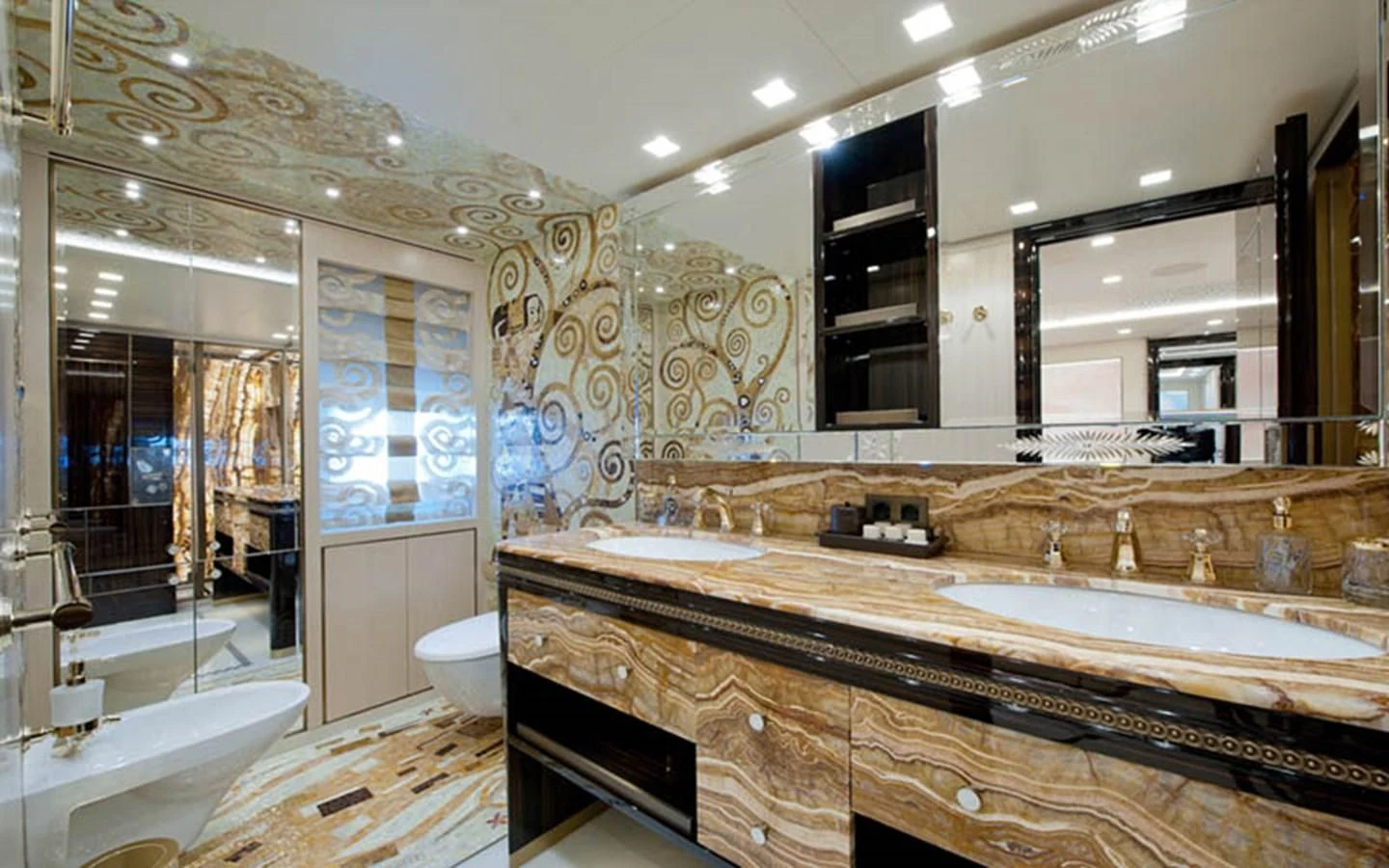 a bathroom with a large marble counter aboard SCORPION Yacht for Charter