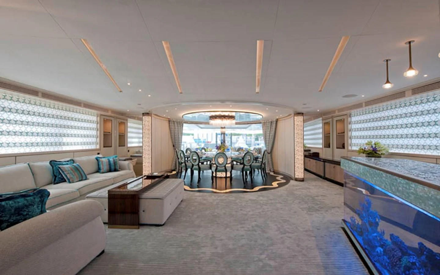 a living room with a large open window aboard SCORPION Yacht for Charter