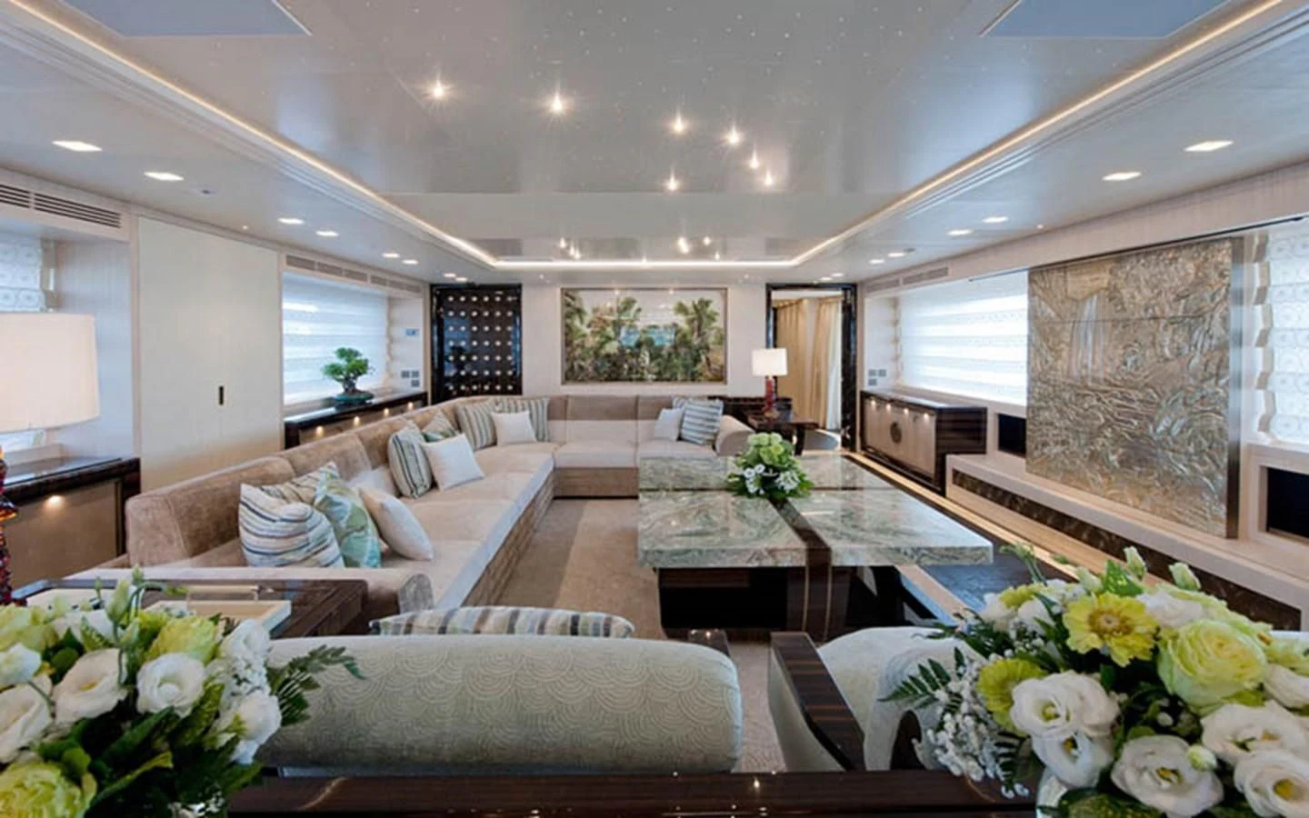 a living room with a large window aboard SCORPION Yacht for Charter