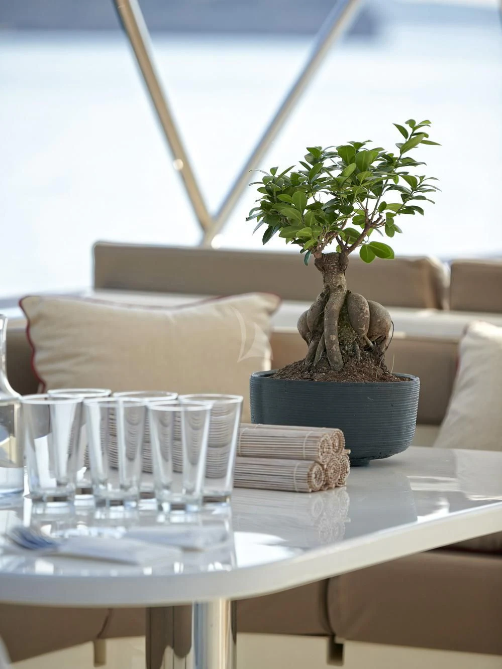 a plant in a pot on a table aboard JULIE M Yacht for Sale