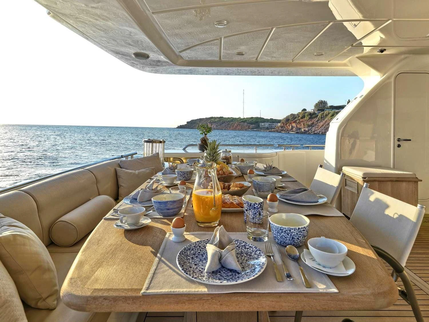 a table with food on it aboard JULIE M Yacht for Sale