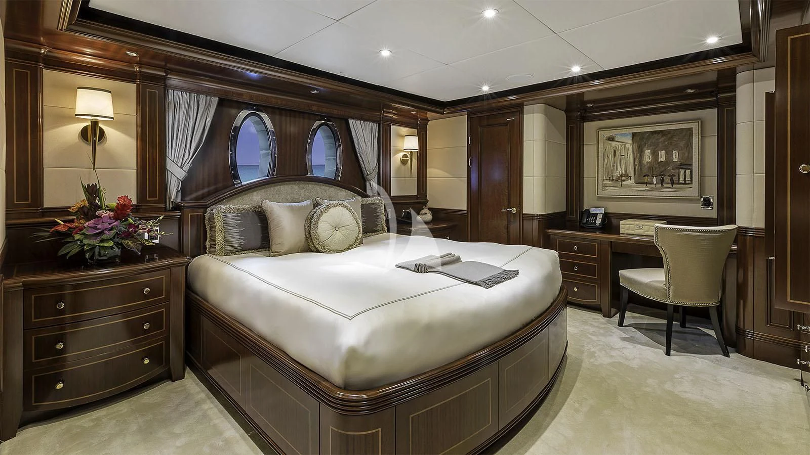 a large bedroom with a large bed aboard LADY BETH Yacht for Sale