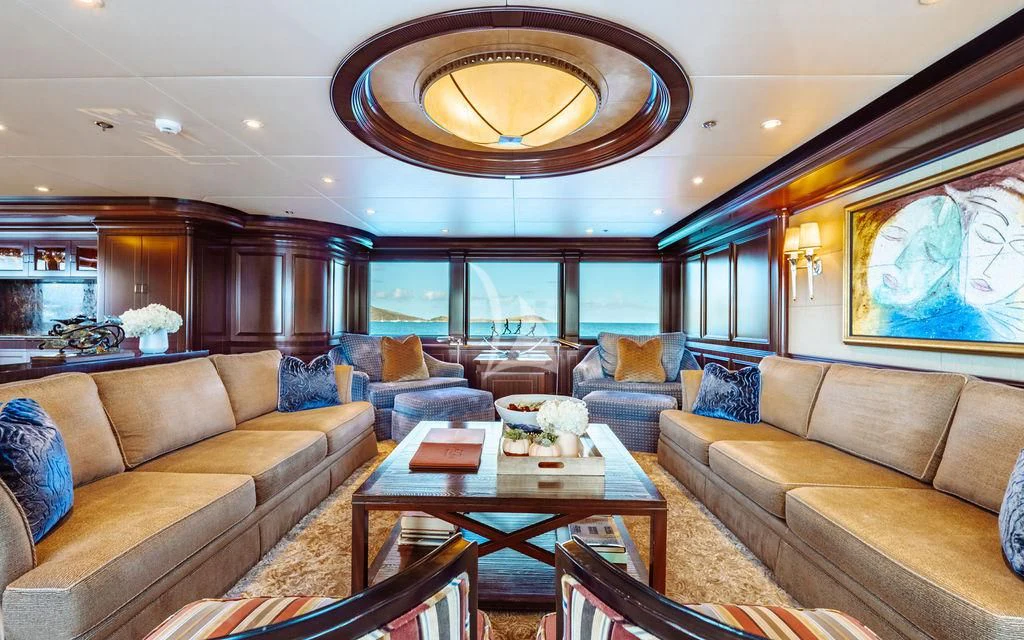 a living room with a large window aboard LADY BETH Yacht for Sale
