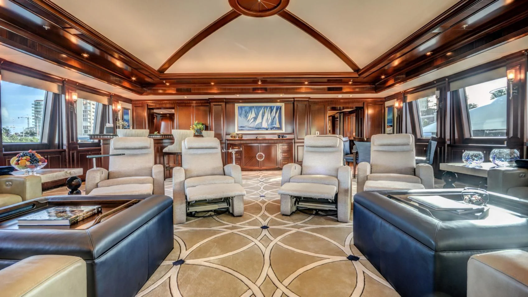 a living room with a large window aboard LADY BETH Yacht for Sale