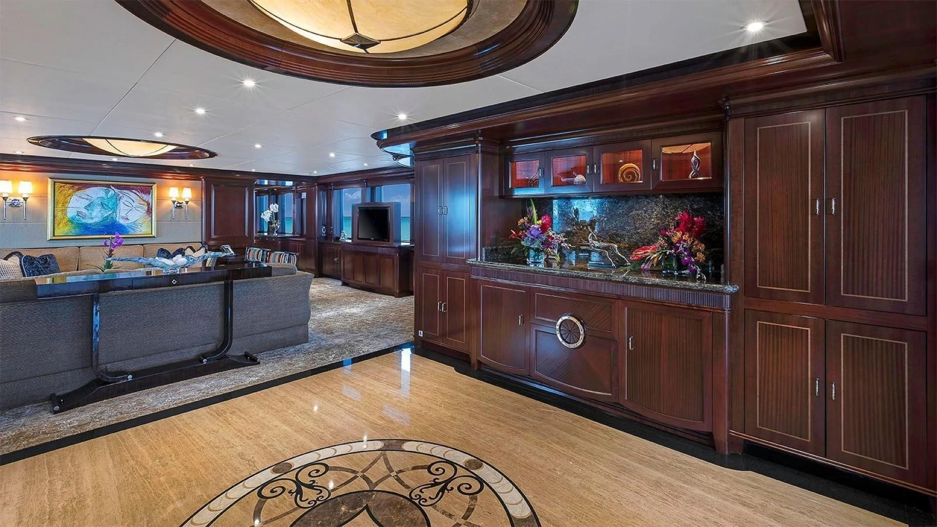 a large living room with a large kitchen and a large open floor plan aboard LADY BETH Yacht for Sale