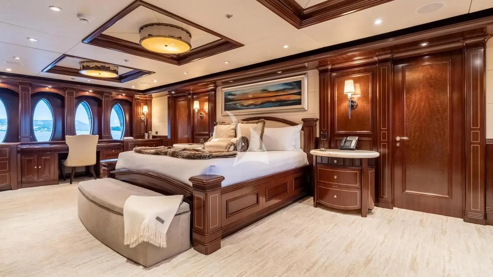 a large bedroom with a large bed aboard LADY BETH Yacht for Sale