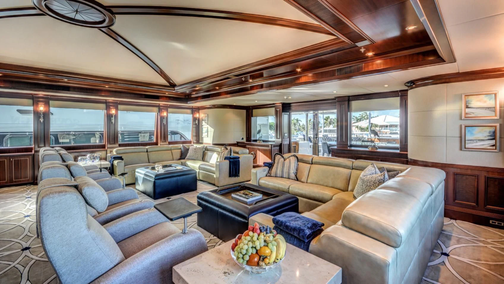 a living room with a large window aboard LADY BETH Yacht for Sale