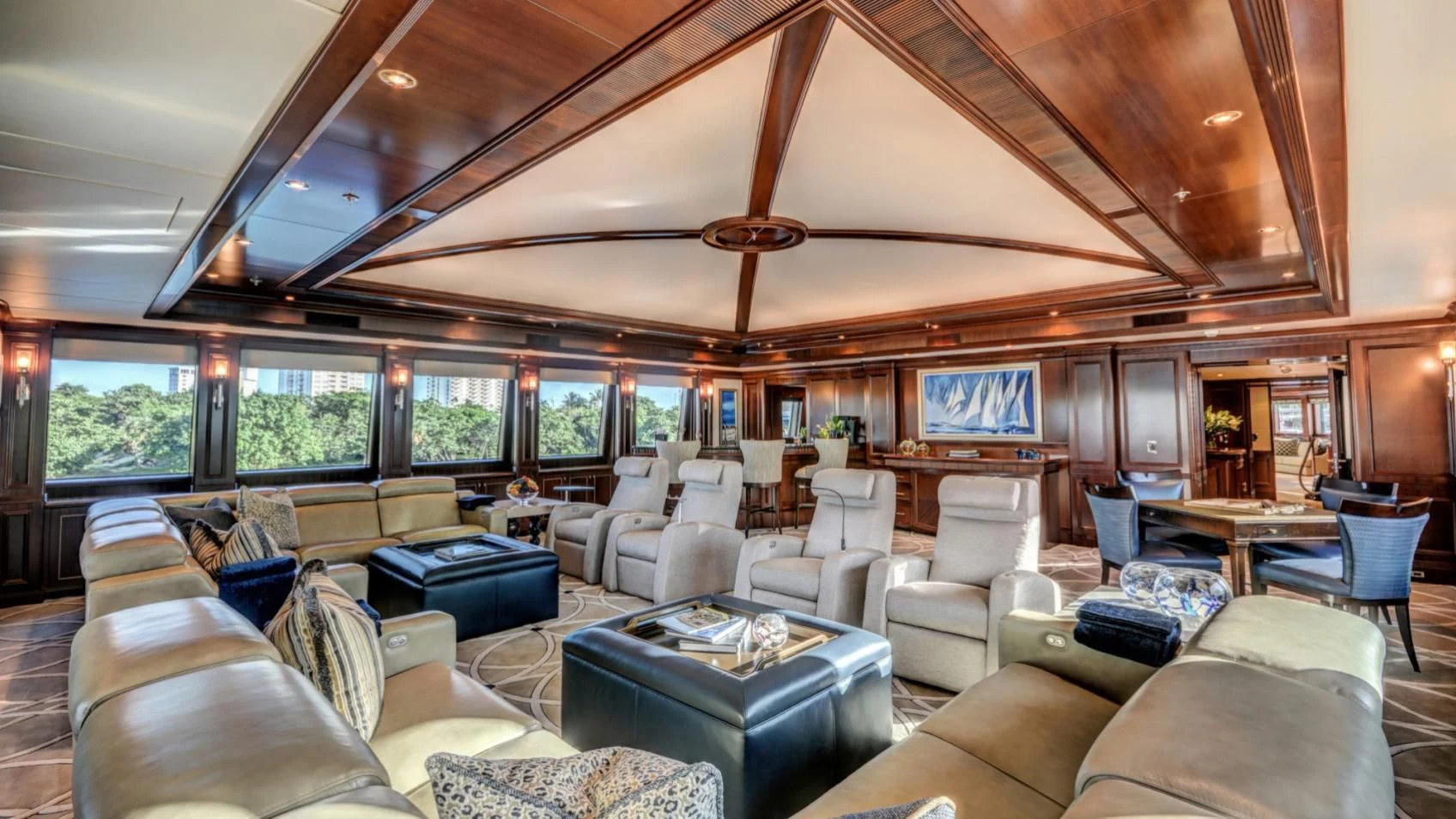 a living room with a large window aboard LADY BETH Yacht for Sale
