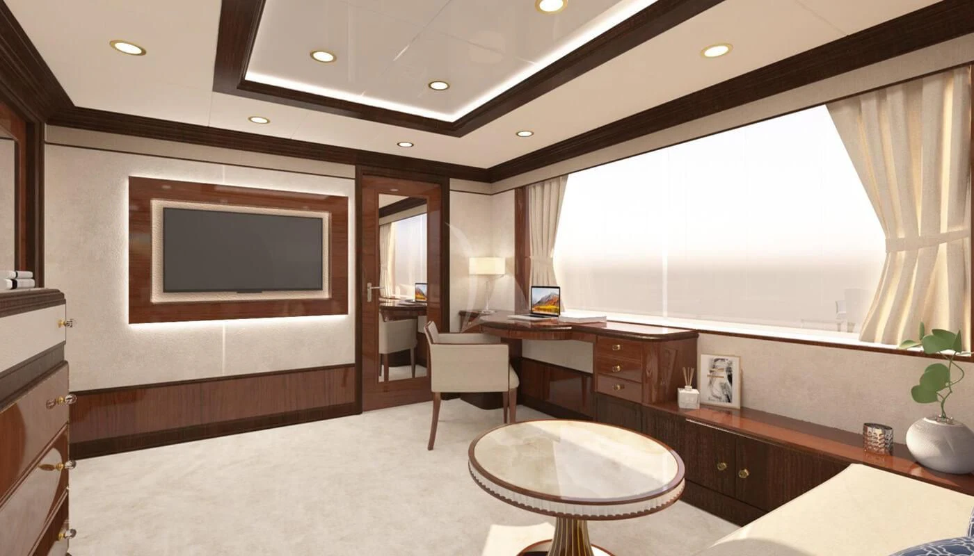 a room with a tv and a table aboard DILARA Yacht for Sale