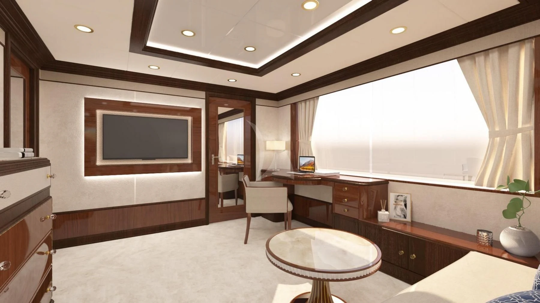 a room with a tv and a table aboard DILARA Yacht for Sale