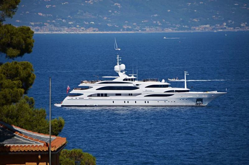 a white yacht in the water aboard DILARA Yacht for Sale