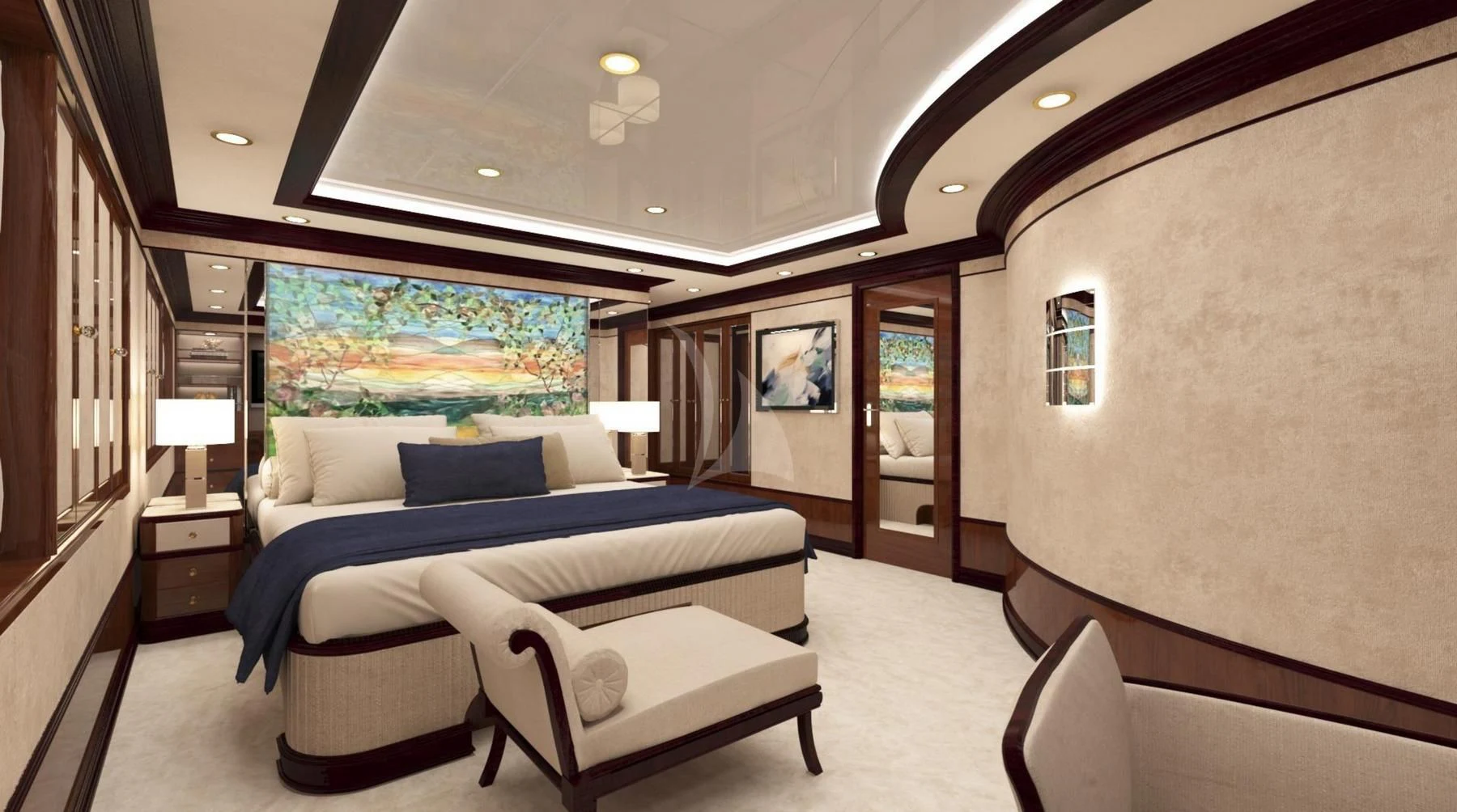 a room with a bed and a window aboard DILARA Yacht for Sale