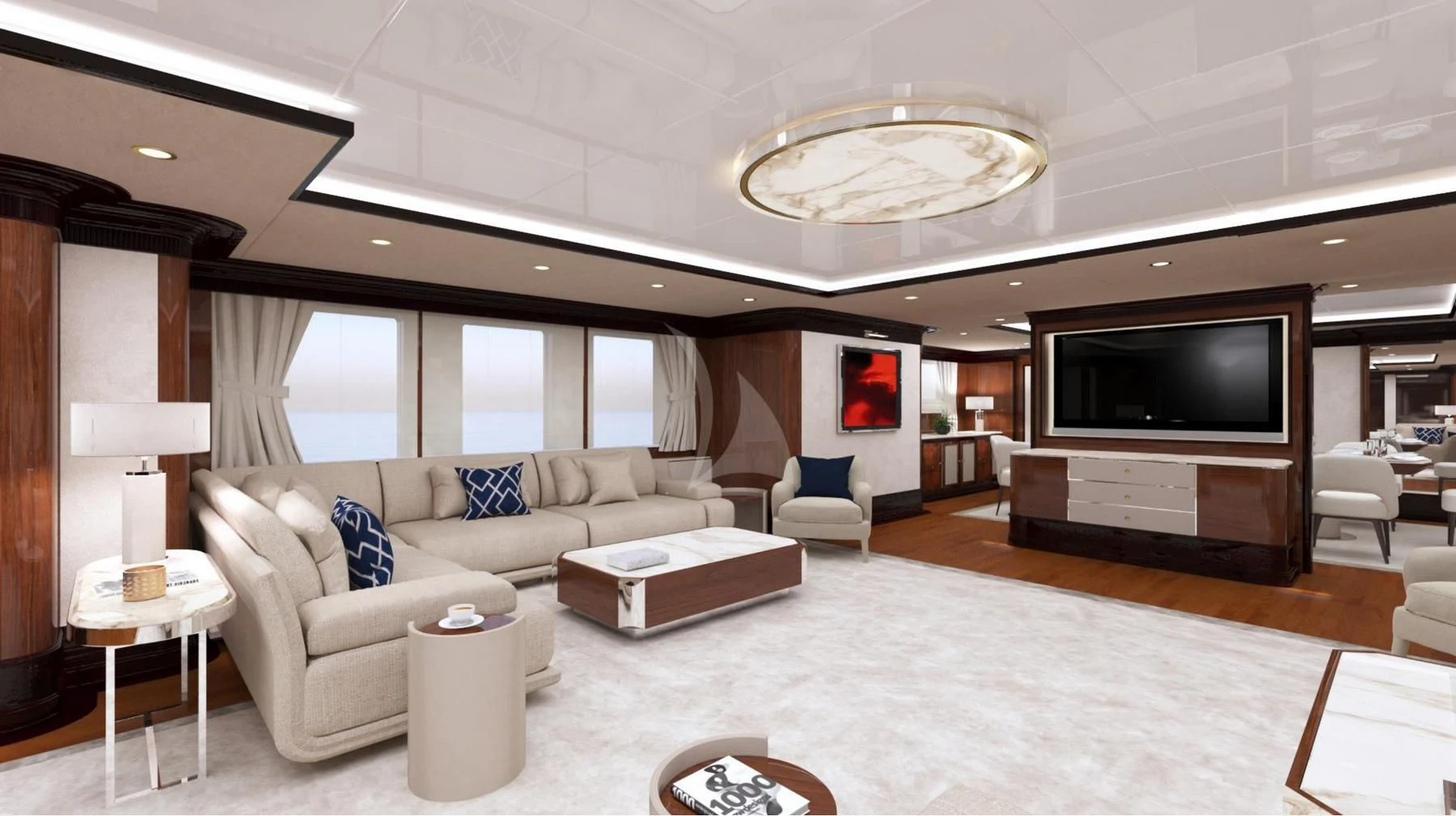 a living room with a large television aboard DILARA Yacht for Sale