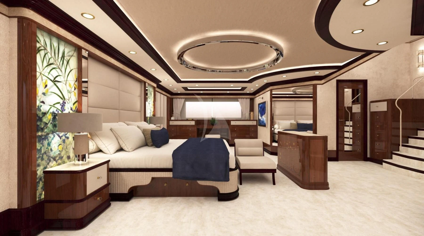 a large bedroom with a large bed aboard DILARA Yacht for Sale
