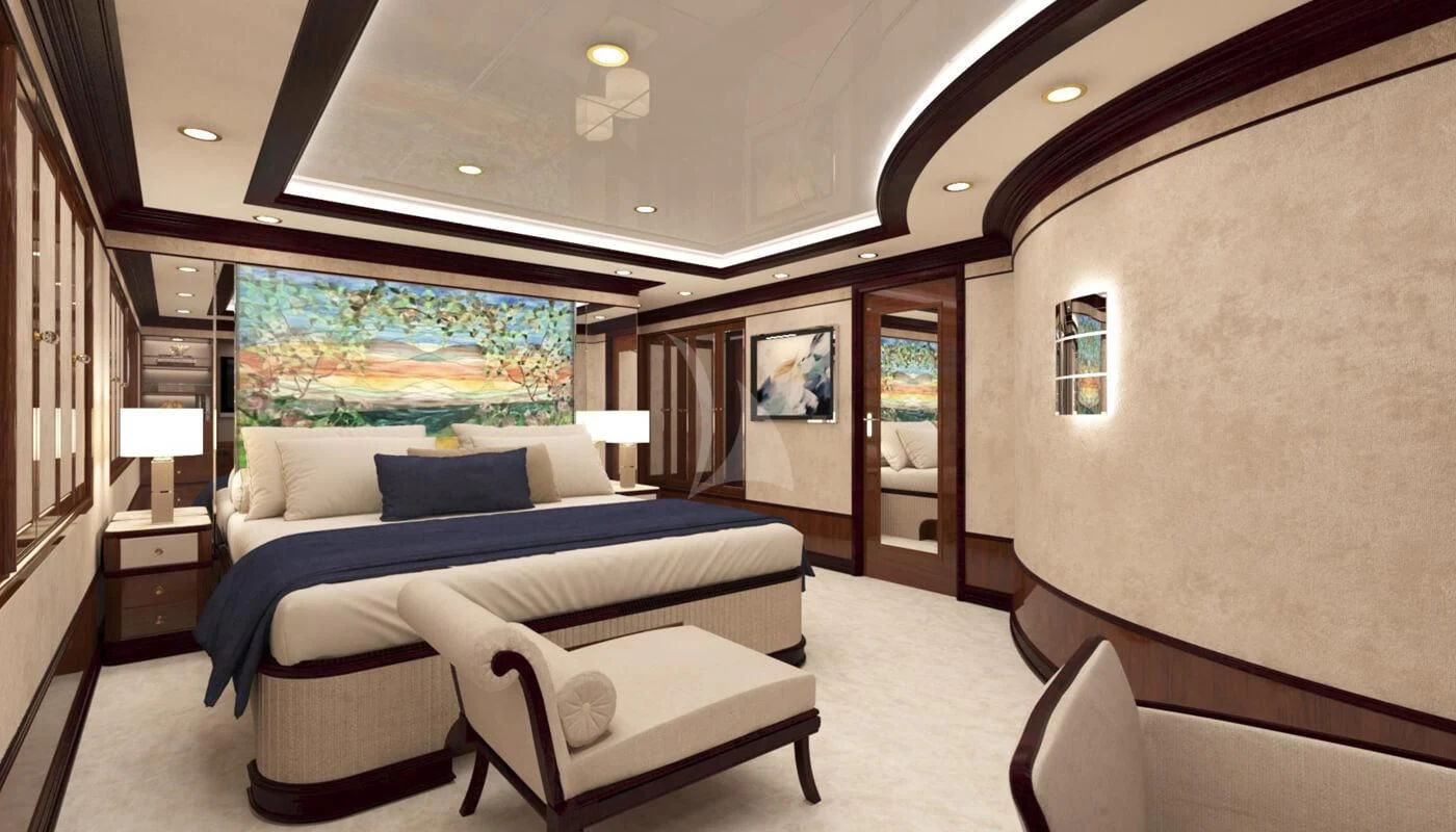 a room with a bed and a window aboard DILARA Yacht for Sale