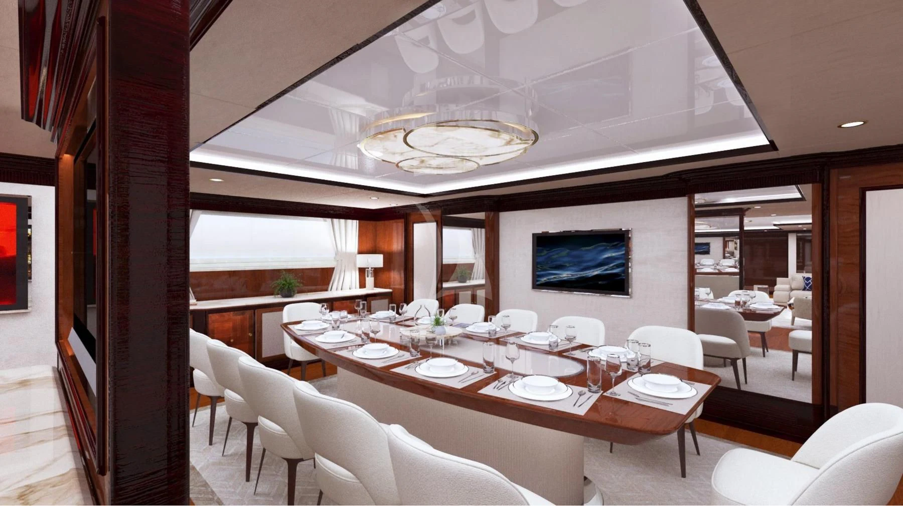 a room with tables and chairs aboard DILARA Yacht for Sale