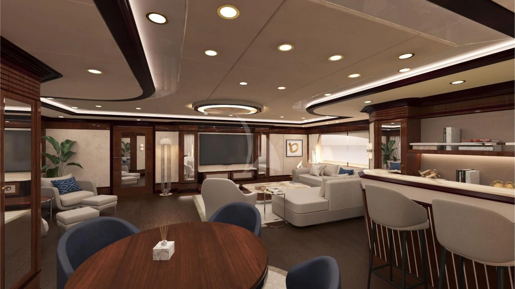 a room with a table chairs and a television aboard DILARA Yacht for Sale