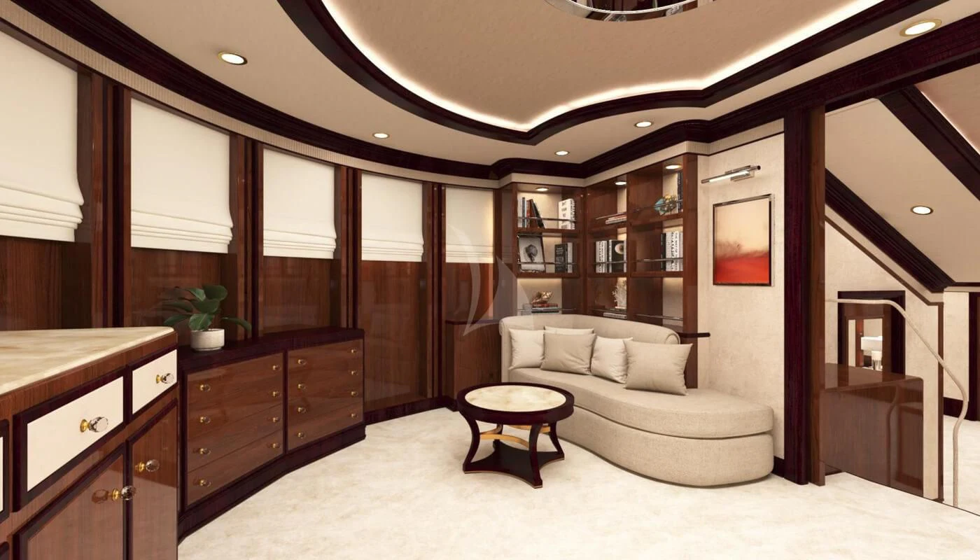 a living room with a couch and a table aboard DILARA Yacht for Sale
