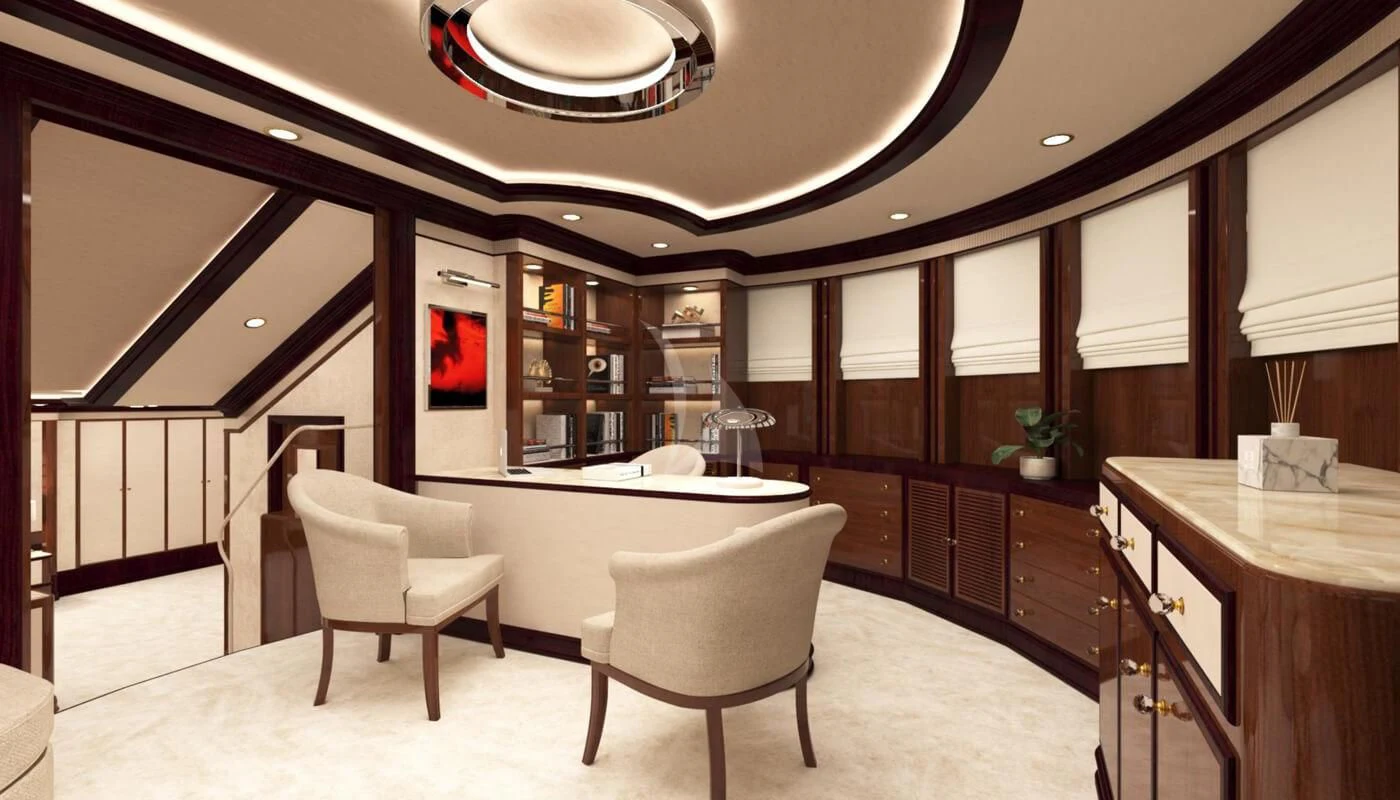 a kitchen with a large island aboard DILARA Yacht for Sale