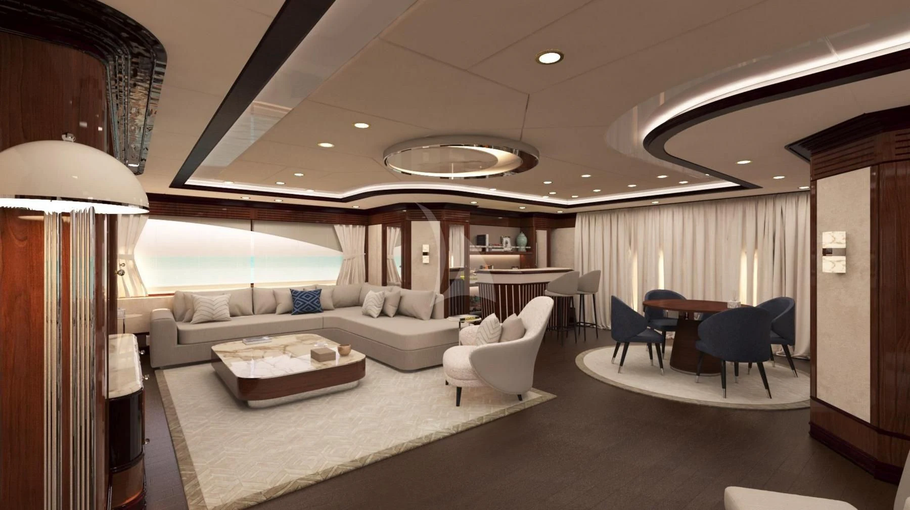 a room with a couch and a table and a large window aboard DILARA Yacht for Sale