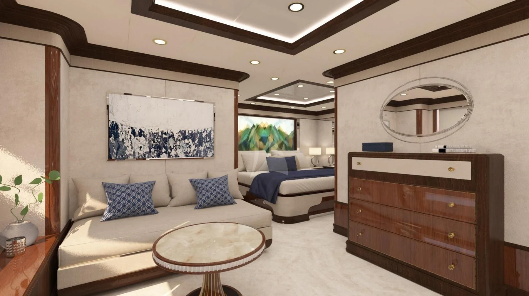 a large bedroom with a large mirror aboard DILARA Yacht for Sale