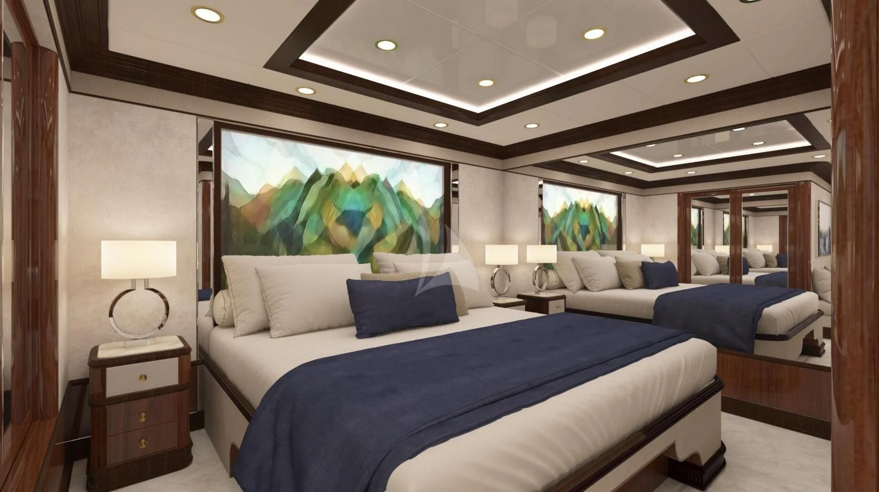 a room with a bed and a large mirror aboard DILARA Yacht for Sale