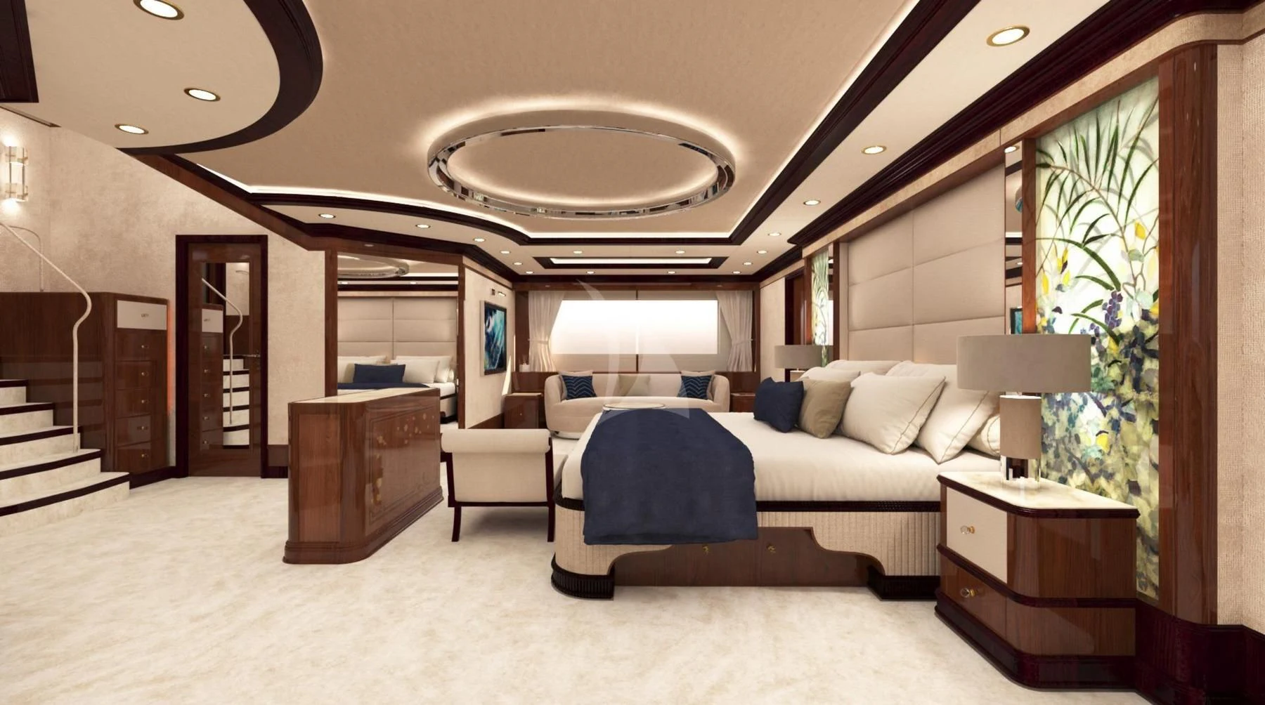 a large bedroom with a large bed aboard DILARA Yacht for Sale