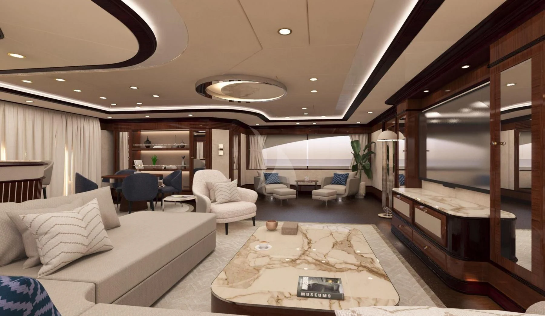 a modern living room with a large open floor plan aboard DILARA Yacht for Sale