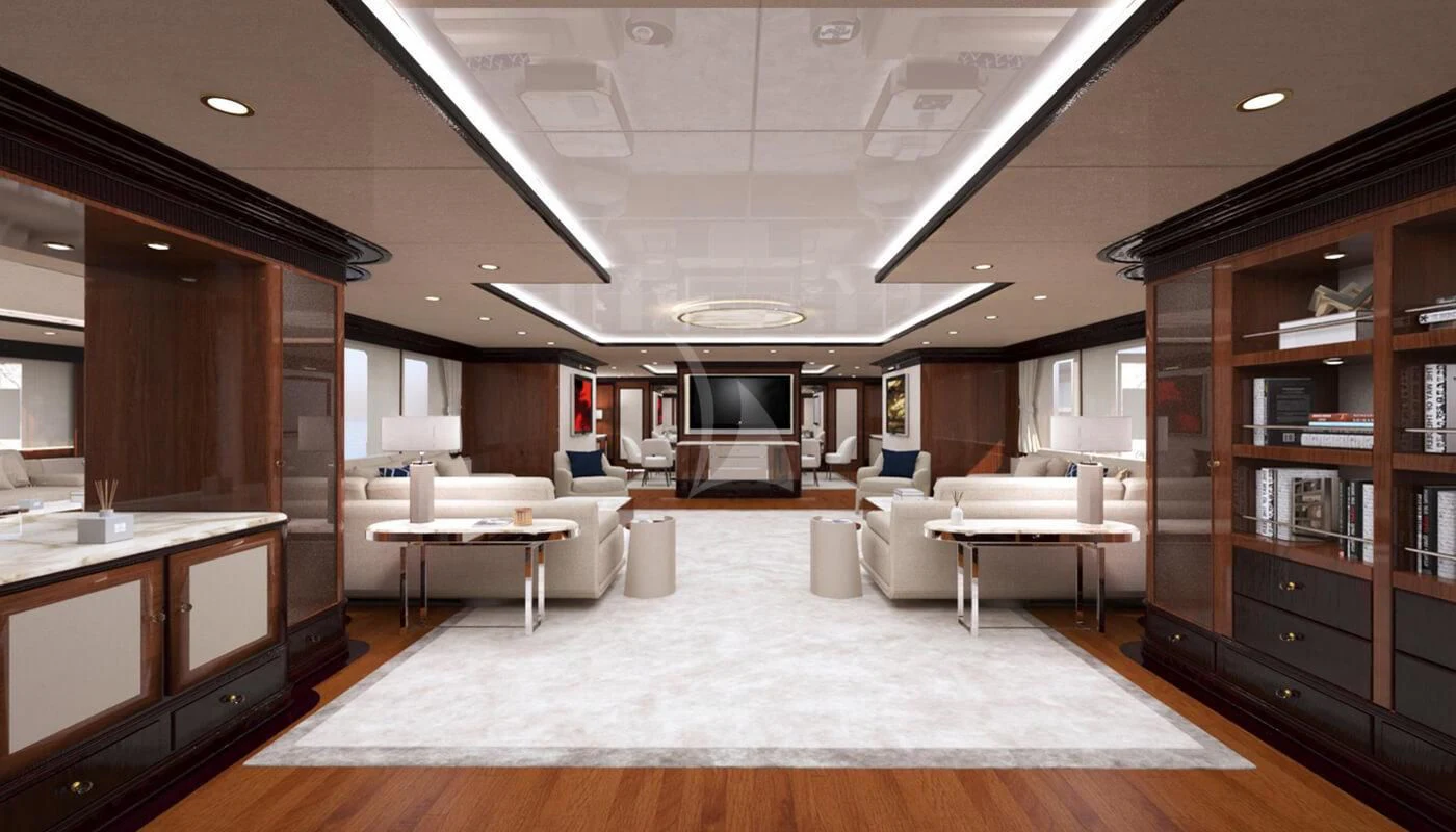 a room with a table and chairs aboard DILARA Yacht for Sale