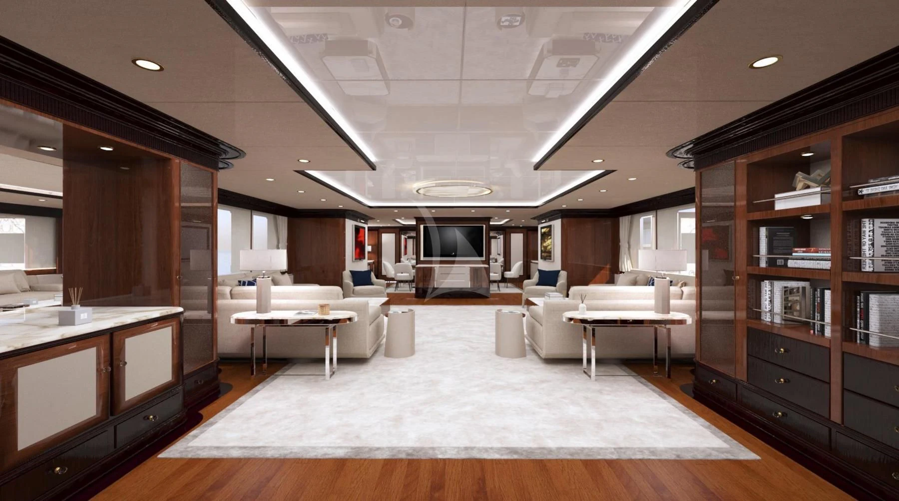 a large room with a large white table and chairs aboard DILARA Yacht for Sale