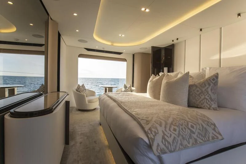a bed in a room aboard NEMESIS Yacht for Sale
