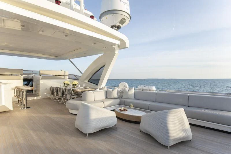 a living room with a large window aboard NEMESIS Yacht for Sale