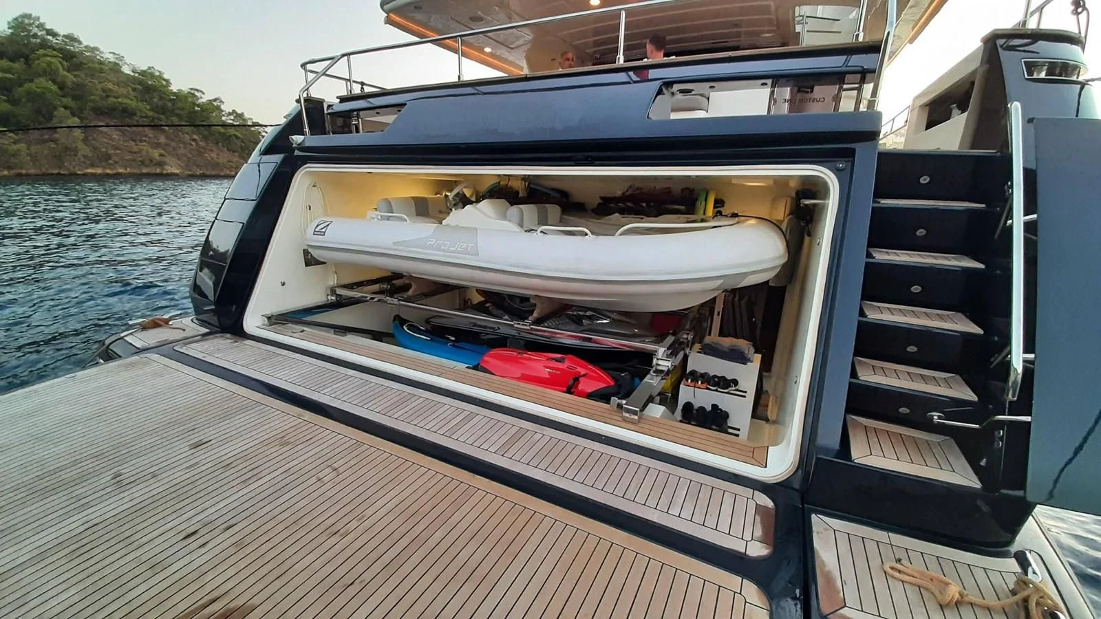 a boat with a lot of stuff on it aboard OKAMI Yacht for Sale
