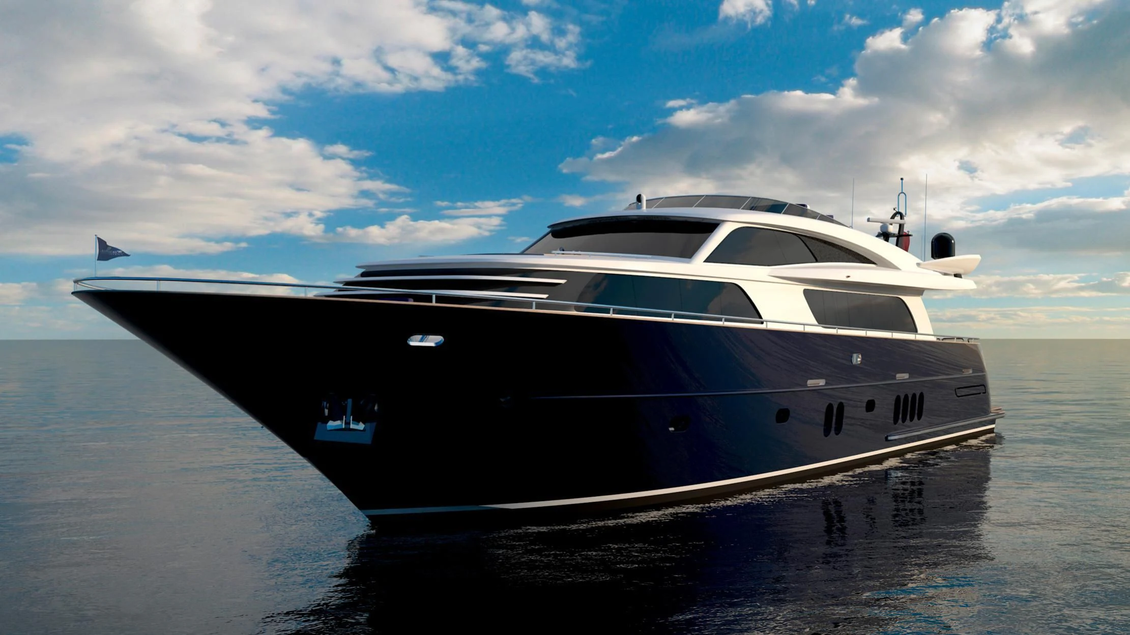 a black and white yacht on the water aboard FORUM Yacht for Sale