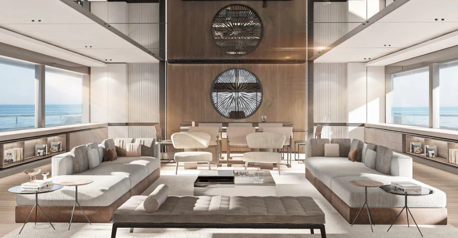 a room with a couch and a table and a rug aboard KATHRYN Yacht for Sale