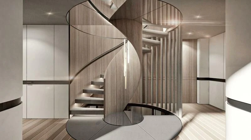 a staircase in a house aboard KATHRYN Yacht for Sale