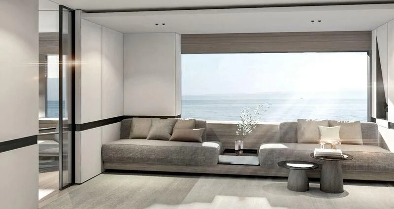 a living room with a large window aboard KATHRYN Yacht for Sale