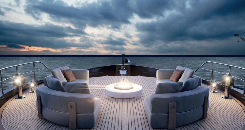 a large patio with a large body of water and a large sofa aboard KATHRYN Yacht for Sale
